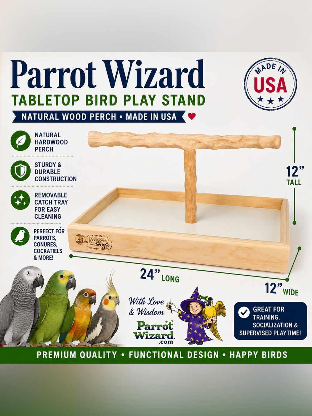 Parrot Wizard Tabletop Bird Play Stand with Catch Tray –‎ Natural Wood Perch